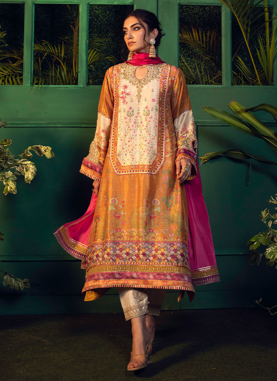 Roshan – Mustard Floral Raw Silk Kurta with Ombre Silk Dupatta