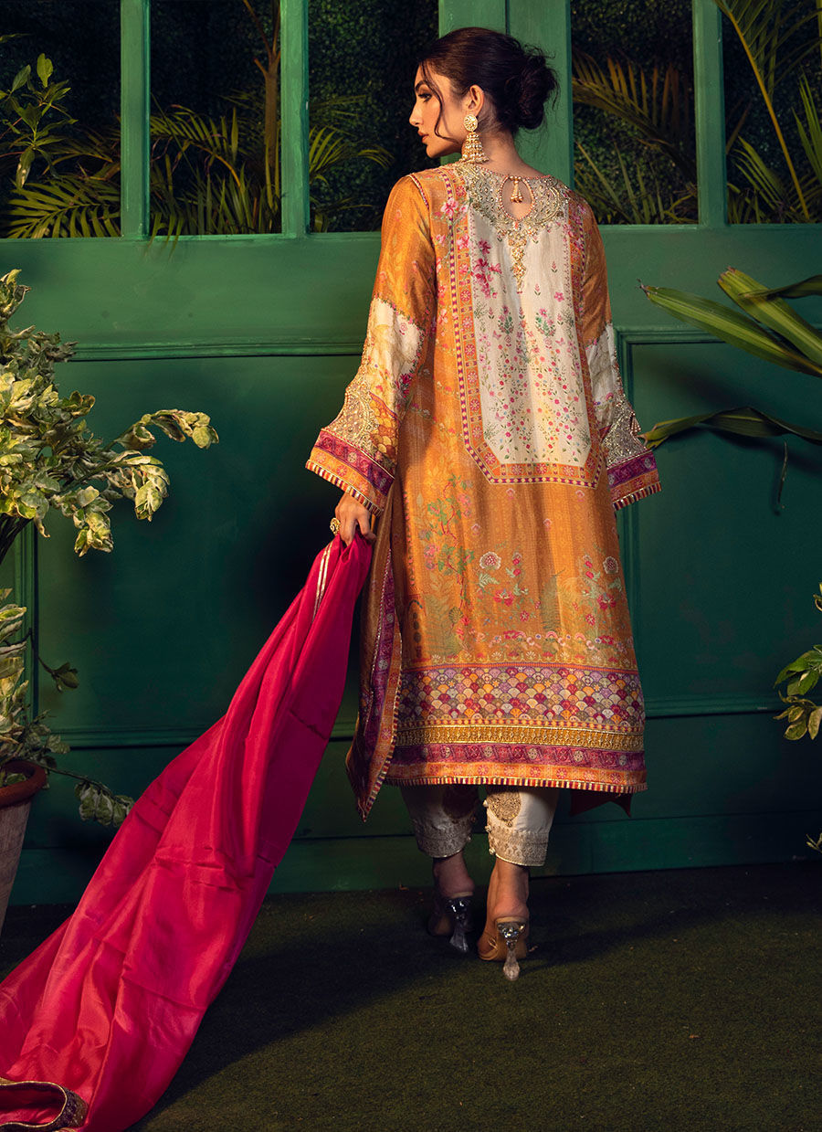 Roshan – Mustard Floral Raw Silk Kurta with Ombre Silk Dupatta