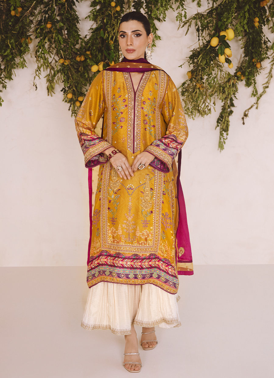 Zarf – Mustard Floral Printed Raw Silk Ensemble