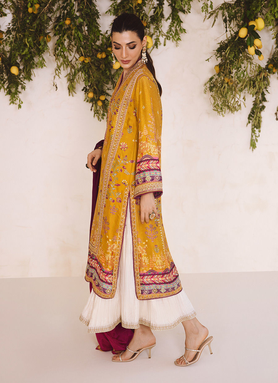 Zarf – Mustard Floral Printed Raw Silk Ensemble