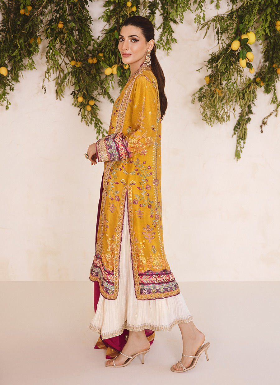 Zarf – Mustard Floral Printed Raw Silk Ensemble