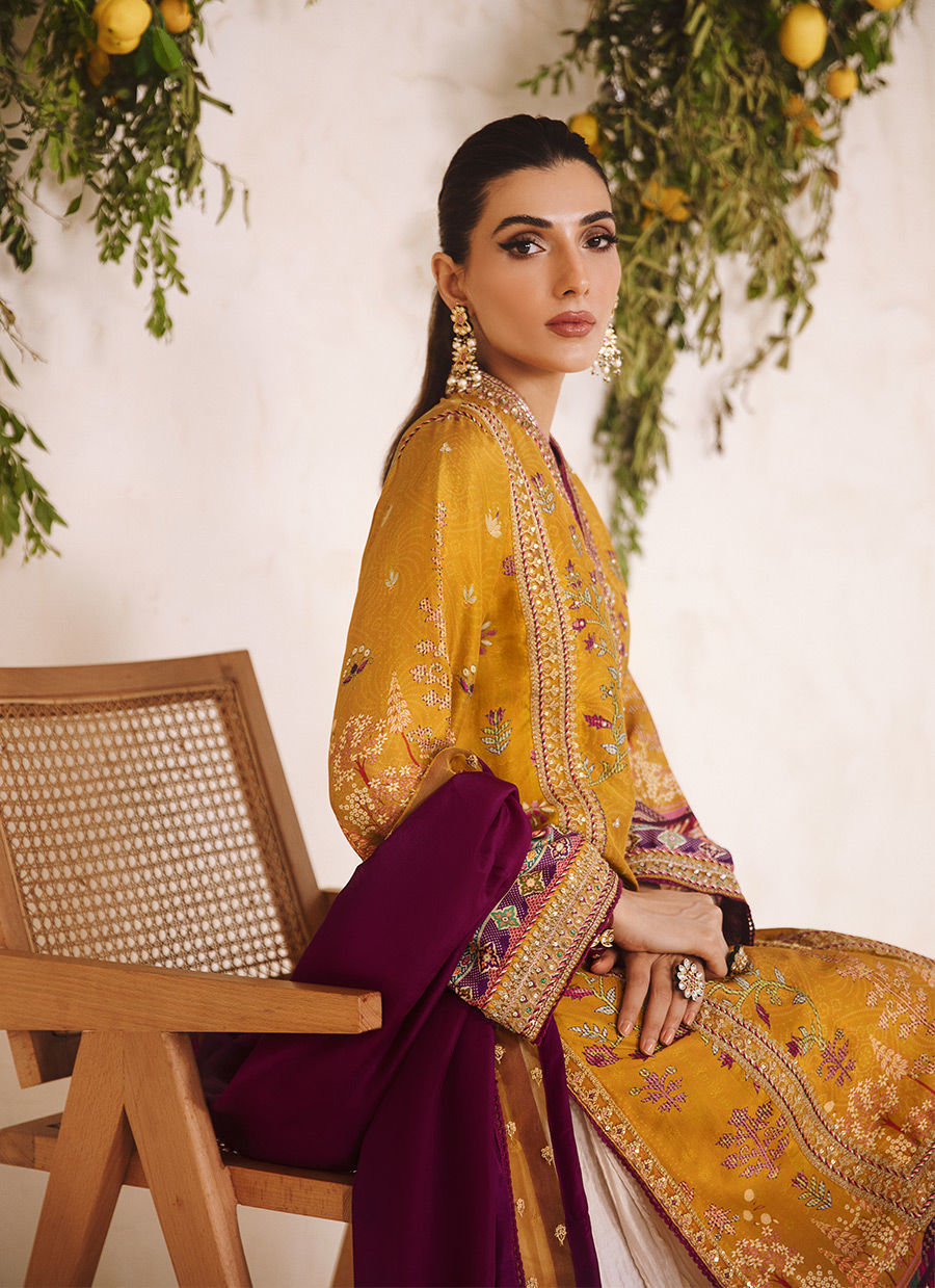 Zarf – Mustard Floral Printed Raw Silk Ensemble