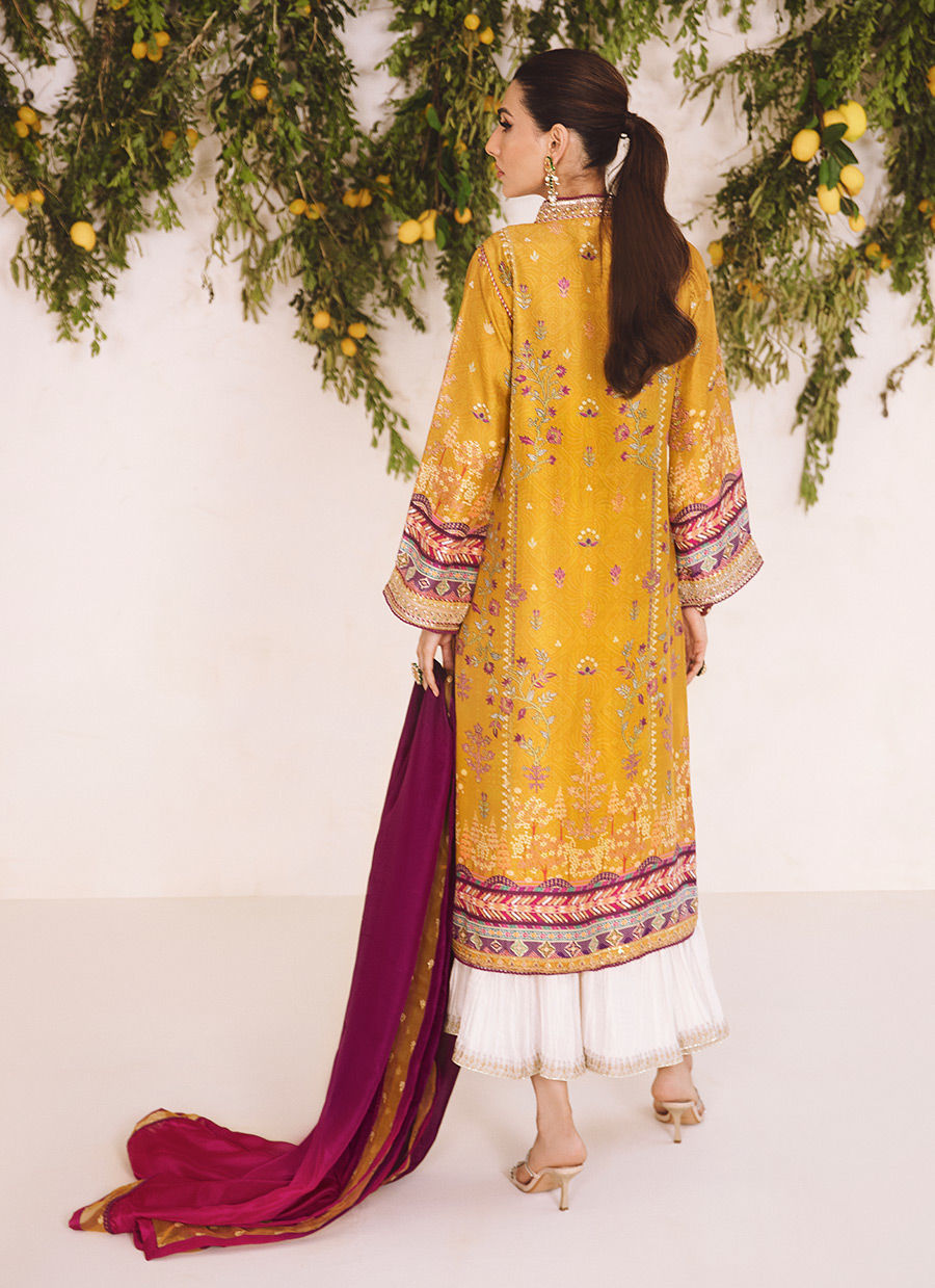 Zarf – Mustard Floral Printed Raw Silk Ensemble