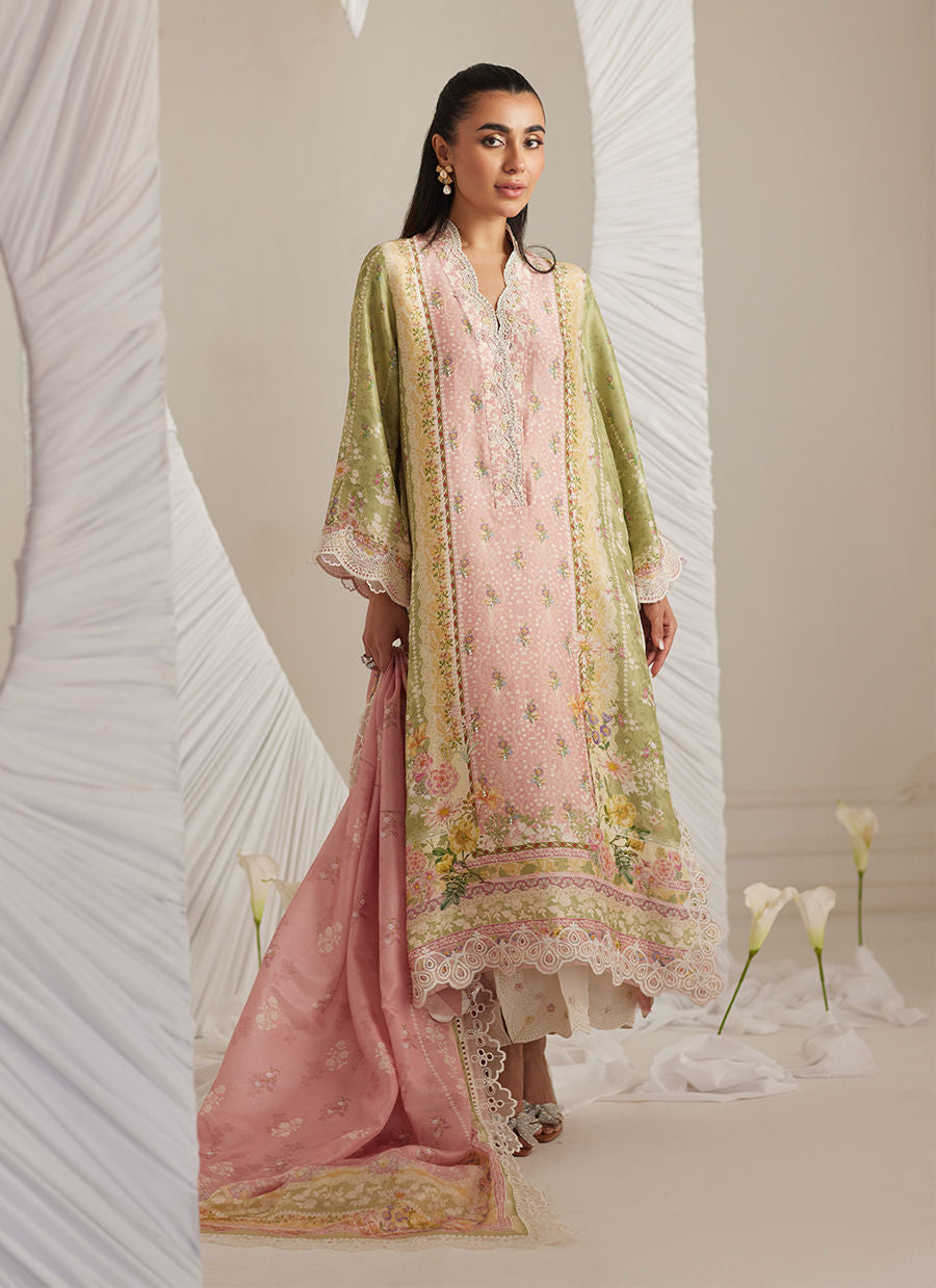 Rosalina -Ivory & Pink Floral Raw Silk Ensemble