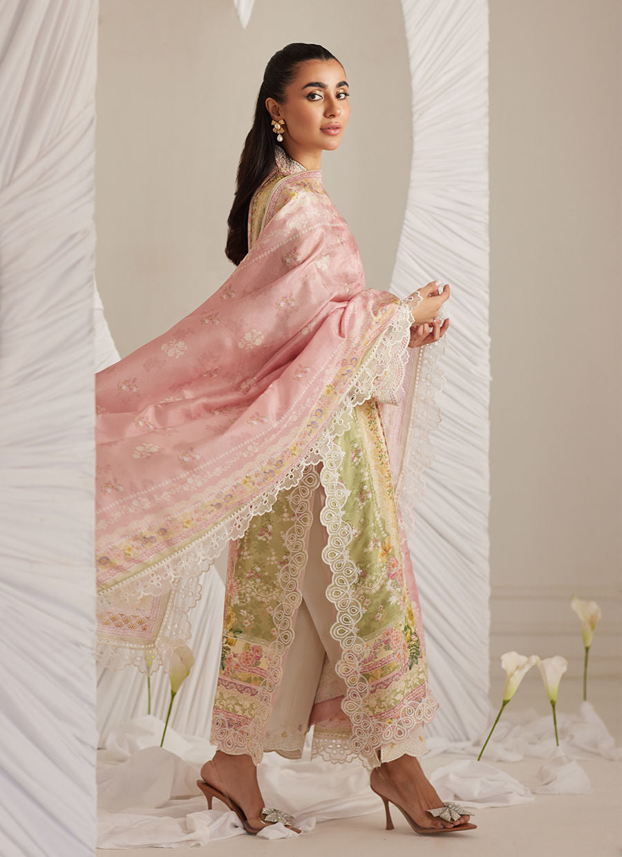 Rosalina -Ivory & Pink Floral Raw Silk Ensemble