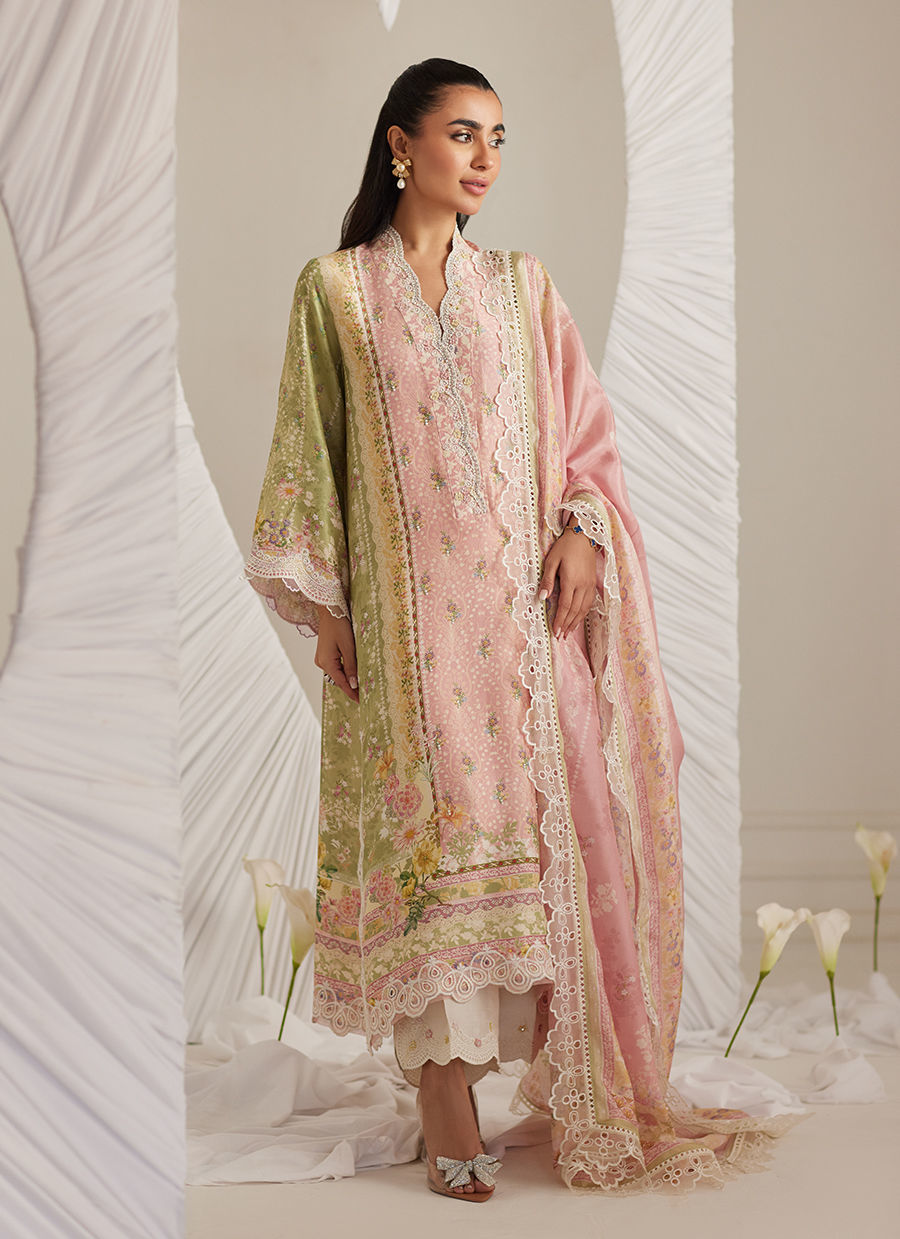 Rosalina -Ivory & Pink Floral Raw Silk Ensemble