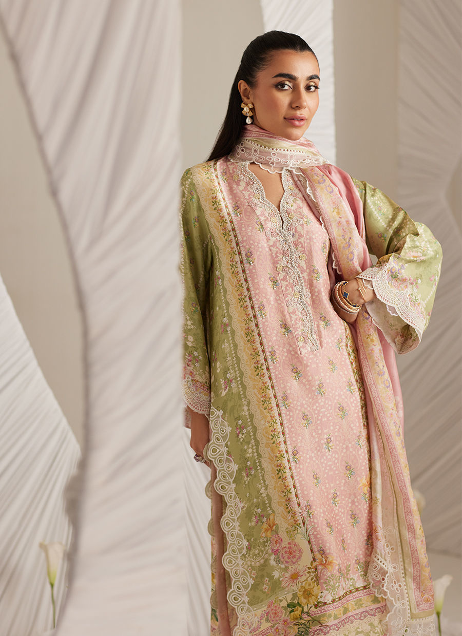 Rosalina -Ivory & Pink Floral Raw Silk Ensemble