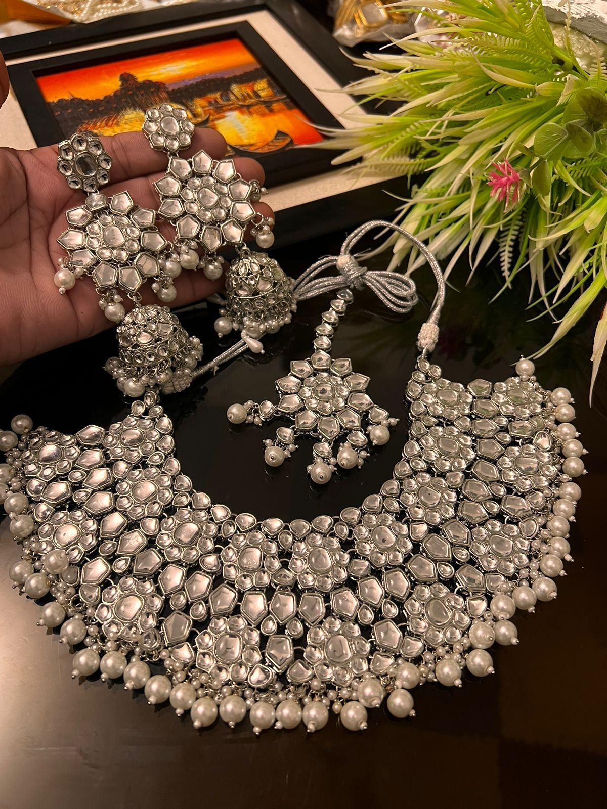 Heavy Necklace Set with Earrings and Tikka – Silver Base