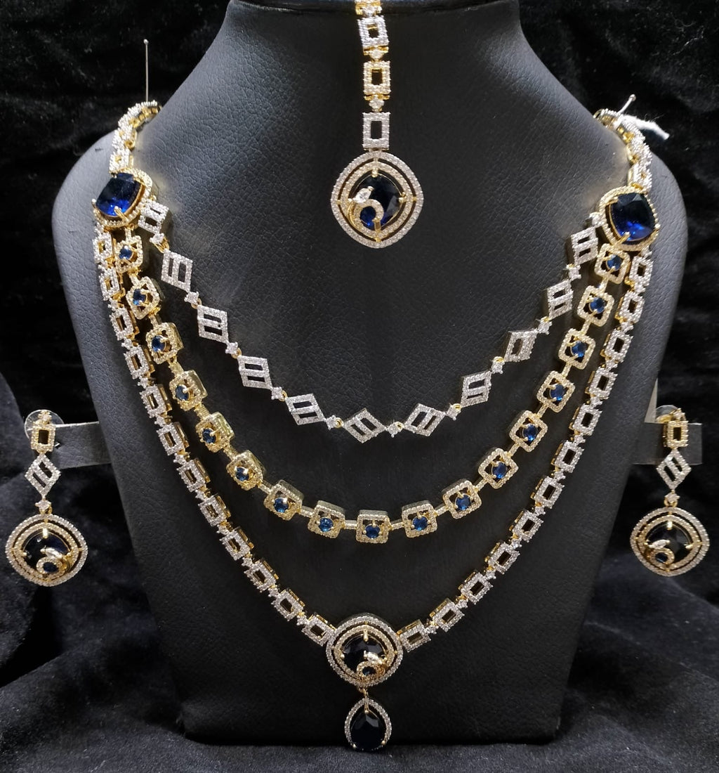 American Diamond 3 Layer Necklace Set With Teeka