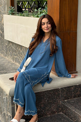 Soft Steel Blue 2-Piece Kurti Set – Elegant Comfort with Subtle Embroidery