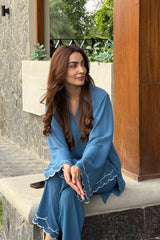 Soft Steel Blue 2-Piece Kurti Set – Elegant Comfort with Subtle Embroidery