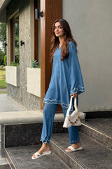 Soft Steel Blue 2-Piece Kurti Set – Elegant Comfort with Subtle Embroidery