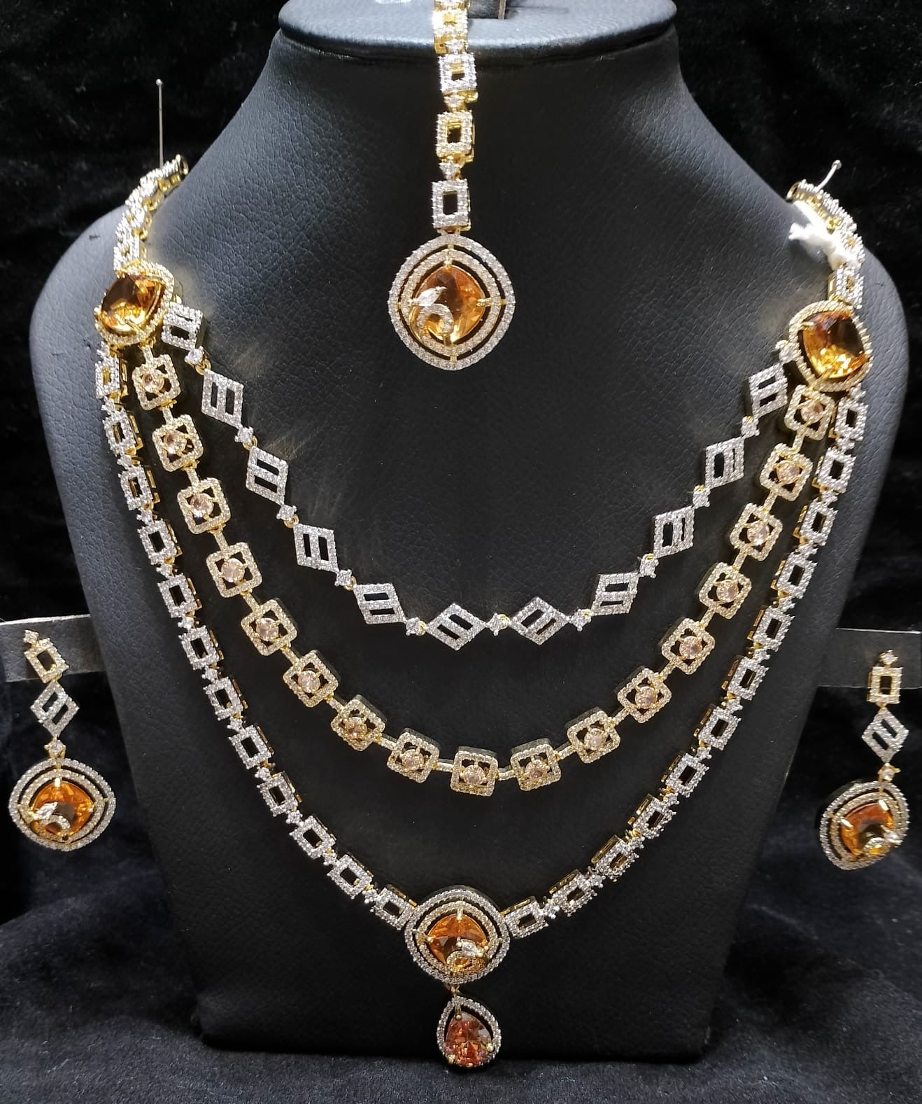 American Diamond 3 Layer Necklace Set With Teeka