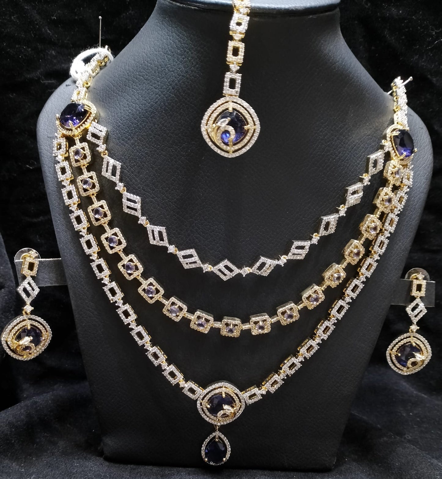 American Diamond 3 Layer Necklace Set With Teeka