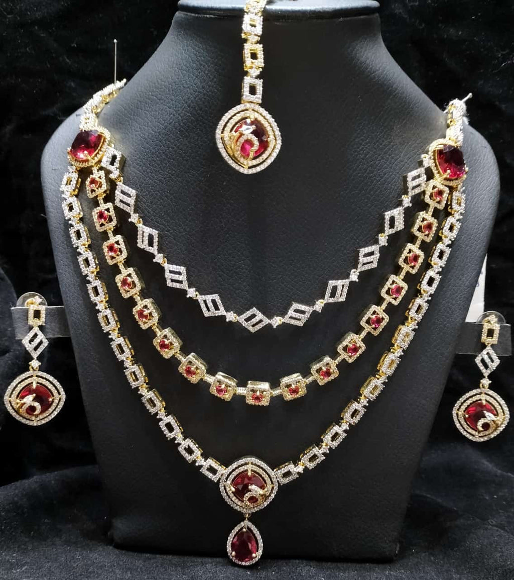 American Diamond 3 Layer Necklace Set With Teeka