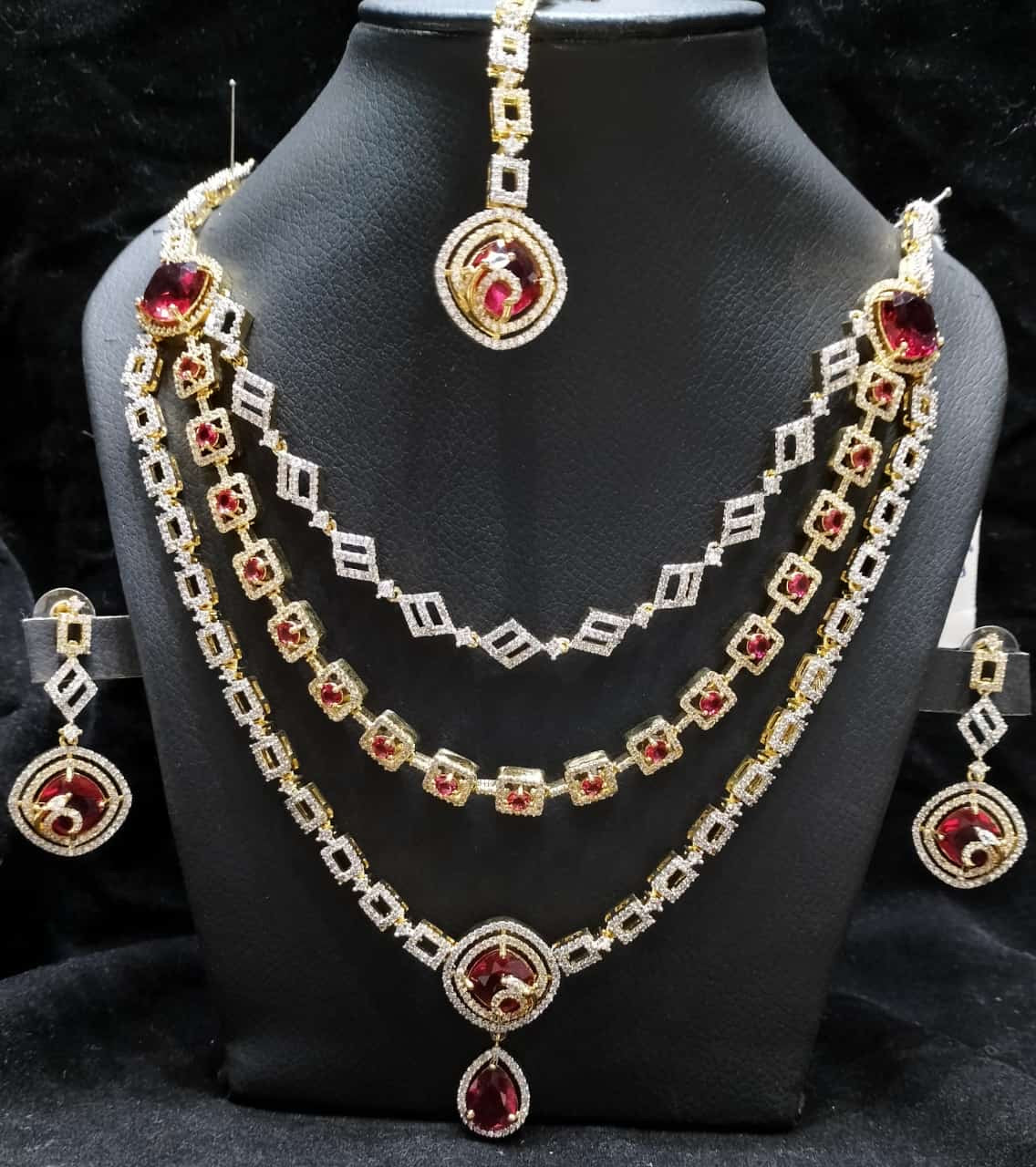 American Diamond 3 Layer Necklace Set With Teeka