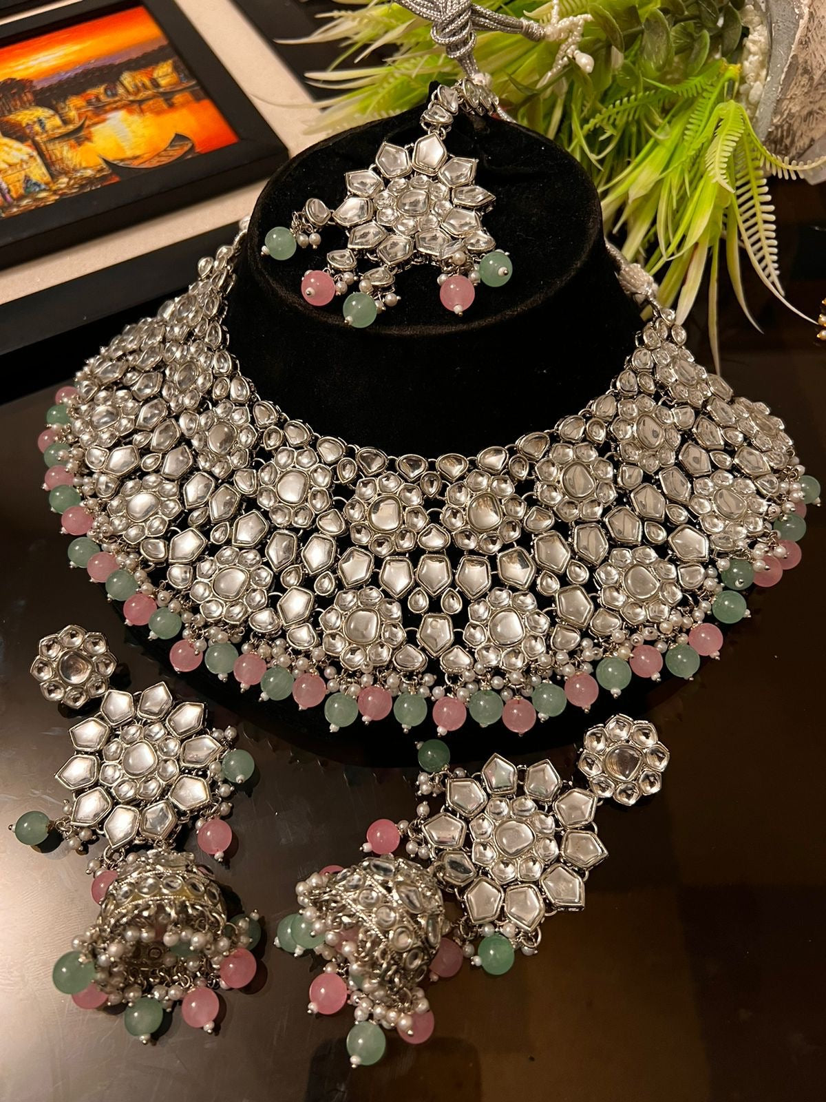 Heavy Necklace Set with Earrings and Tikka – Silver Base