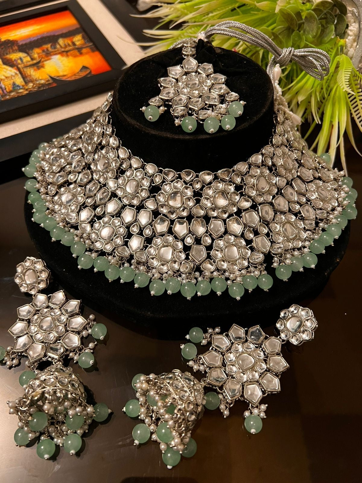Heavy Necklace Set with Earrings and Tikka – Silver Base