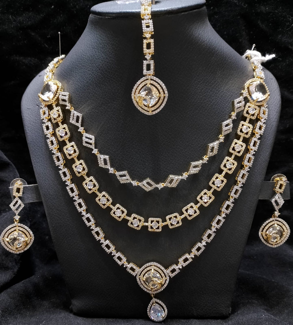 American Diamond 3 Layer Necklace Set With Teeka