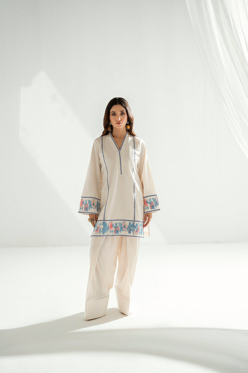 Soft Cream 2-Piece Embroidered Lawn Kurti Set – Effortless Summer Elegance