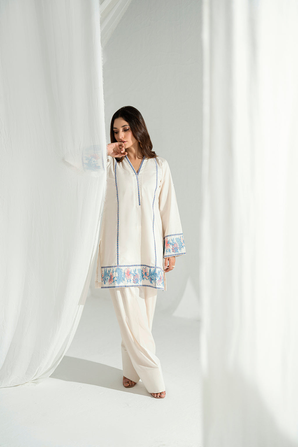 Soft Cream 2-Piece Embroidered Lawn Kurti Set – Effortless Summer Elegance