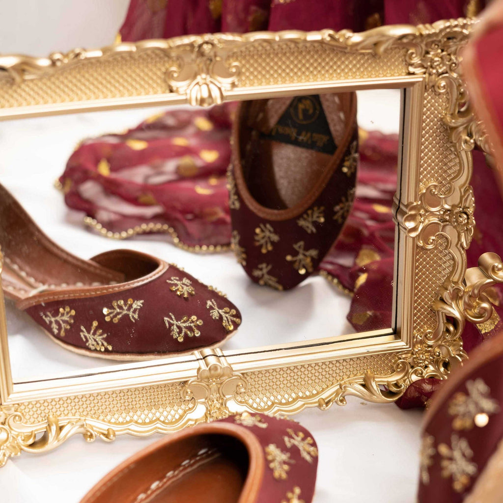 Ashiyana – Deep Maroon Jutti with Golden Zari & Sequins