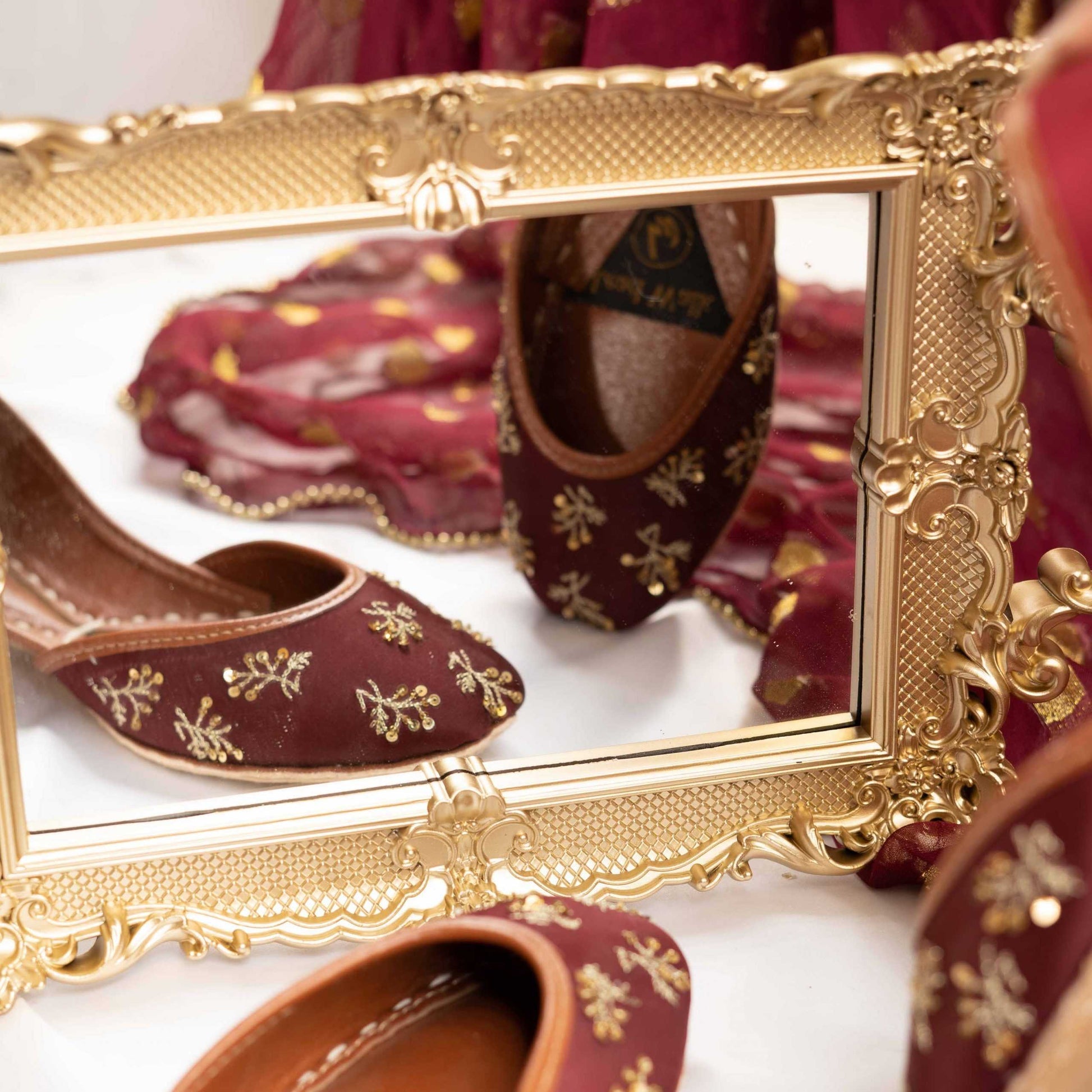 Ashiyana – Deep Maroon Jutti with Golden Zari & Sequins