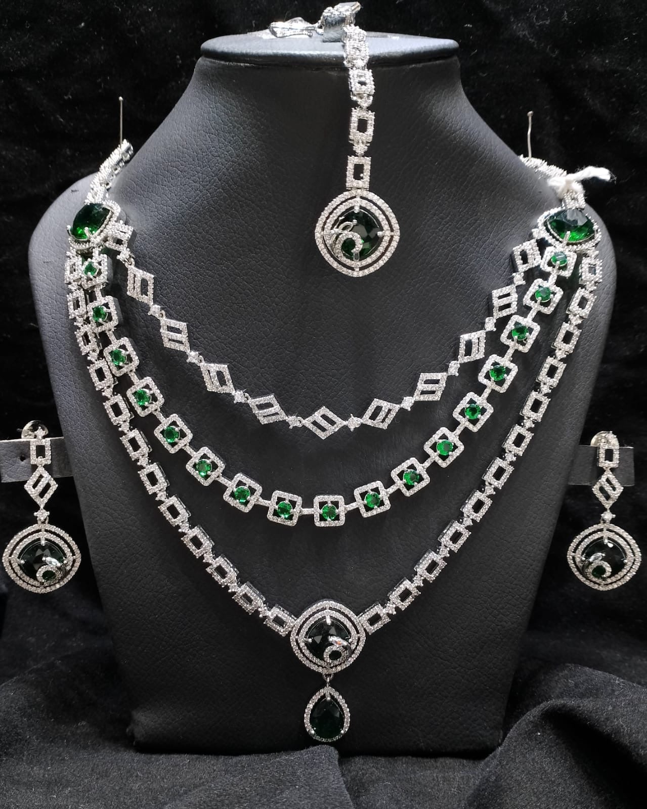 American Diamond 3 Layer Necklace Set With Teeka