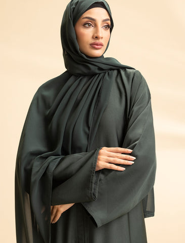 Green Jewel Front Open Embroidered Abaya – Bottle Green