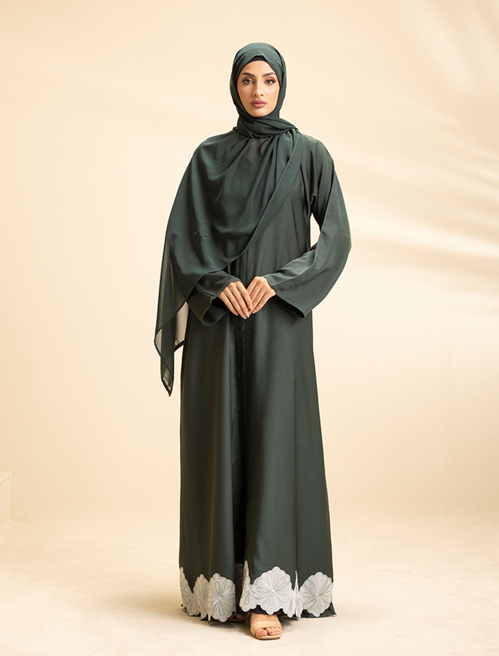 Green Jewel Front Open Embroidered Abaya – Bottle Green