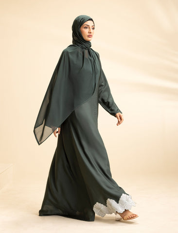Green Jewel Front Open Embroidered Abaya – Bottle Green