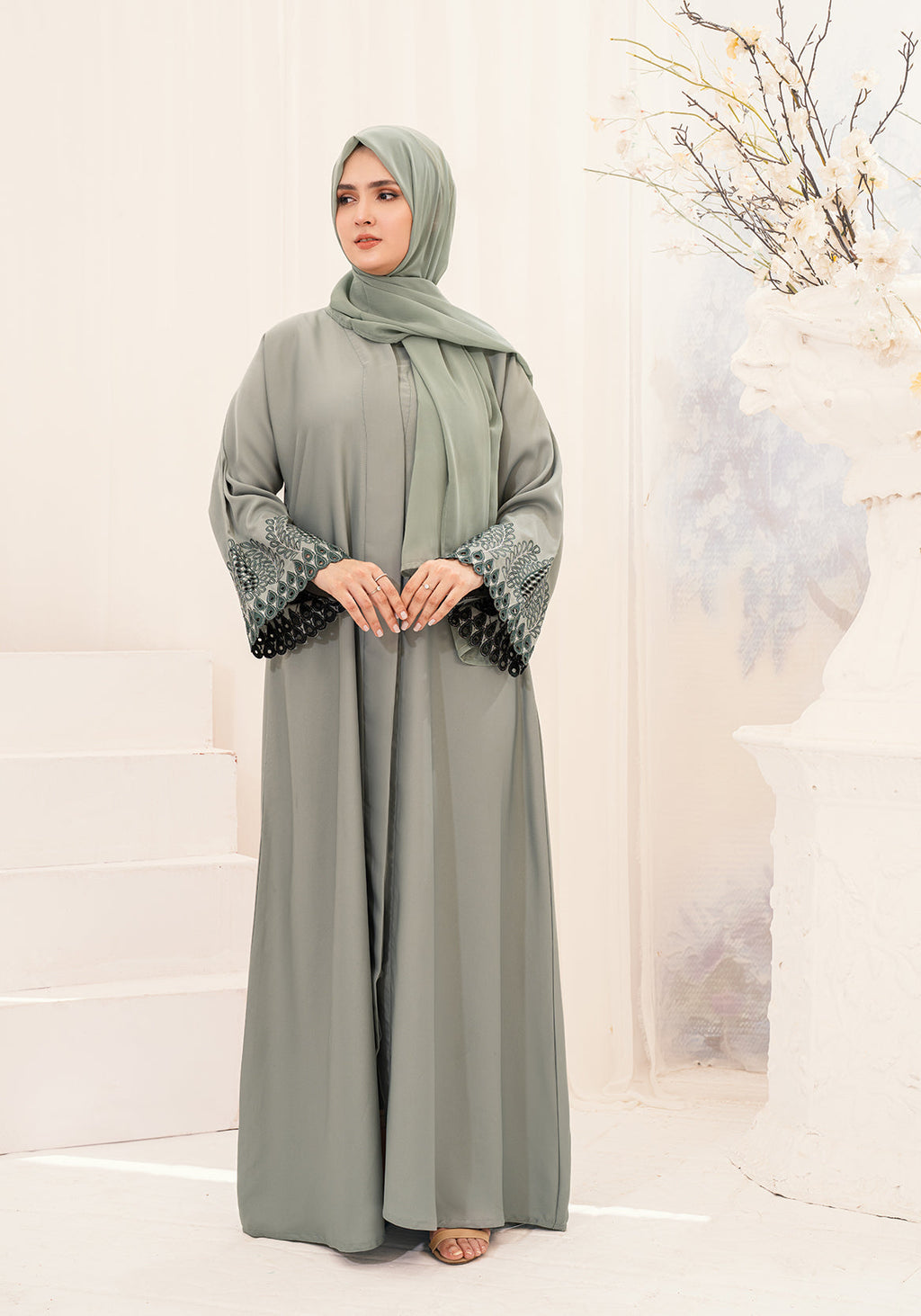 HAREER EMBROIDERED ABAYA - LIGHT GREEN