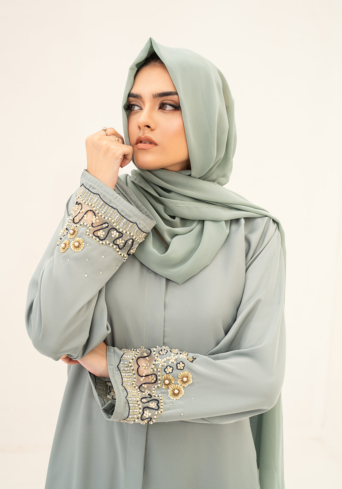 NAKHLA EMBELLISHED ABAYA- LIGHT GREEN