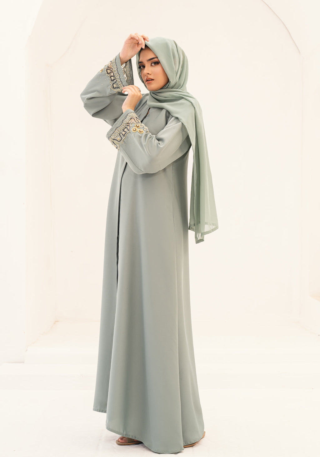 NAKHLA EMBELLISHED ABAYA- LIGHT GREEN