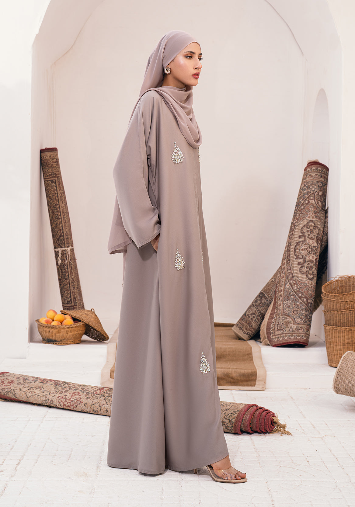 OYOON EMBELLISHED ABAYA- WARM GREY