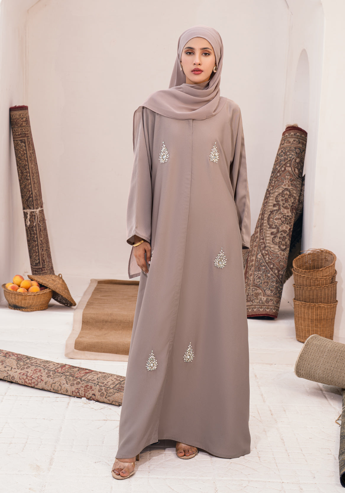 OYOON EMBELLISHED ABAYA- WARM GREY