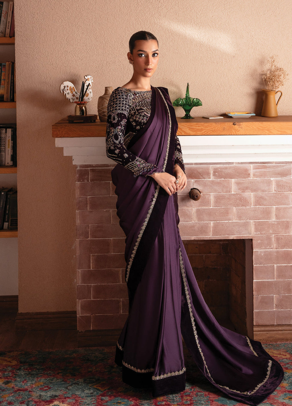 Solene By Faiza Faisal Embroidered Velvet Unstitched Saree - Festive Collection