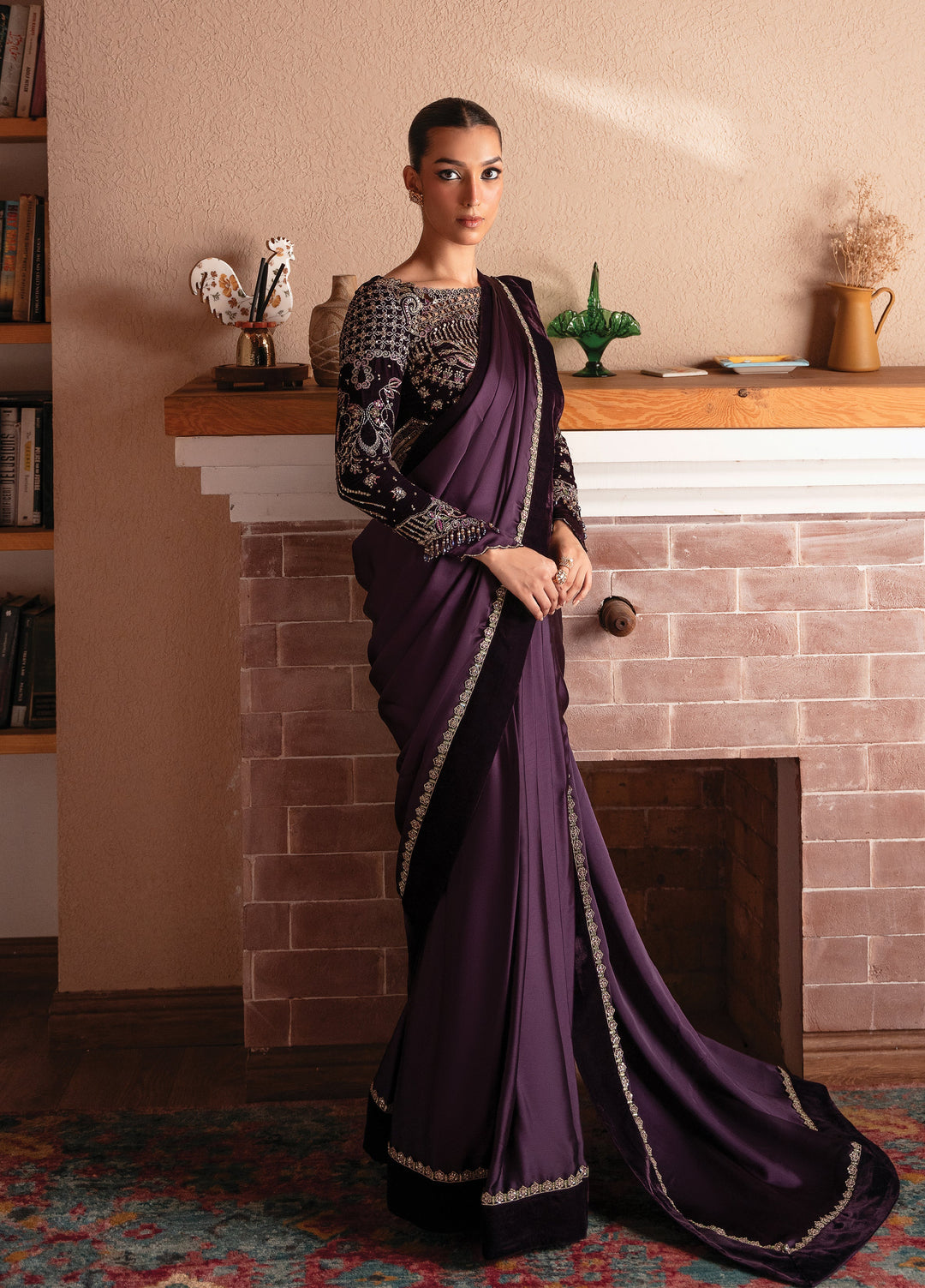 Solene By Faiza Faisal Embroidered Velvet Unstitched Saree - Festive Collection