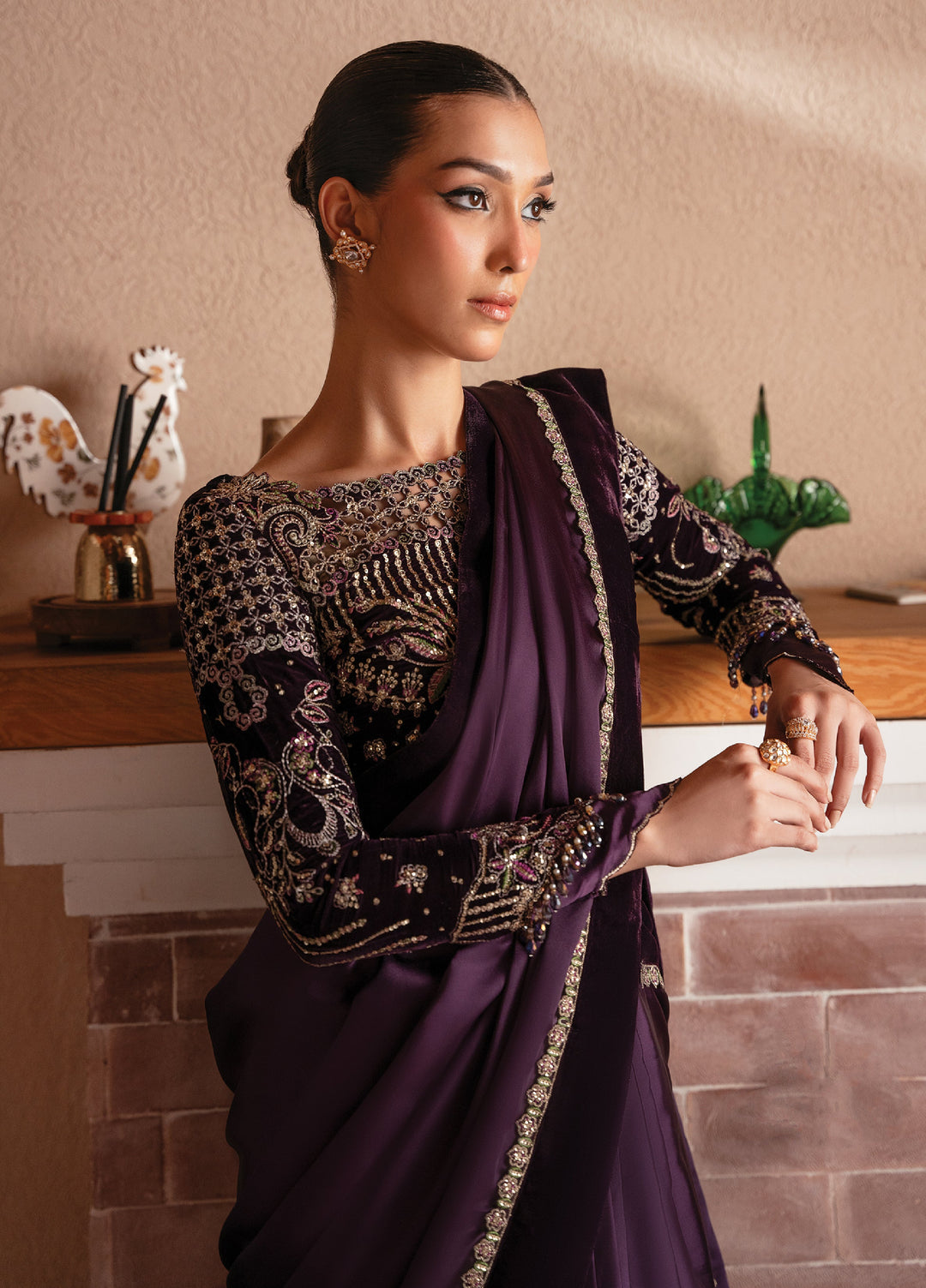 Solene By Faiza Faisal Embroidered Velvet Unstitched Saree - Festive Collection