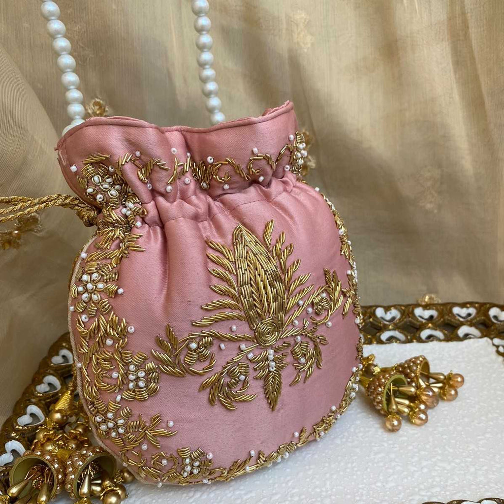Raani Batwa – Handcrafted Silk Potli with Zardozi & Kora Embroidery