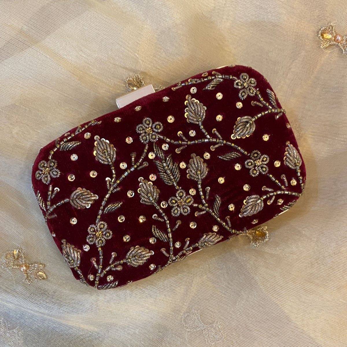 Noorah Clutch – Handcrafted Maroon Velvet Potli with Zari & Dabka Embellishments