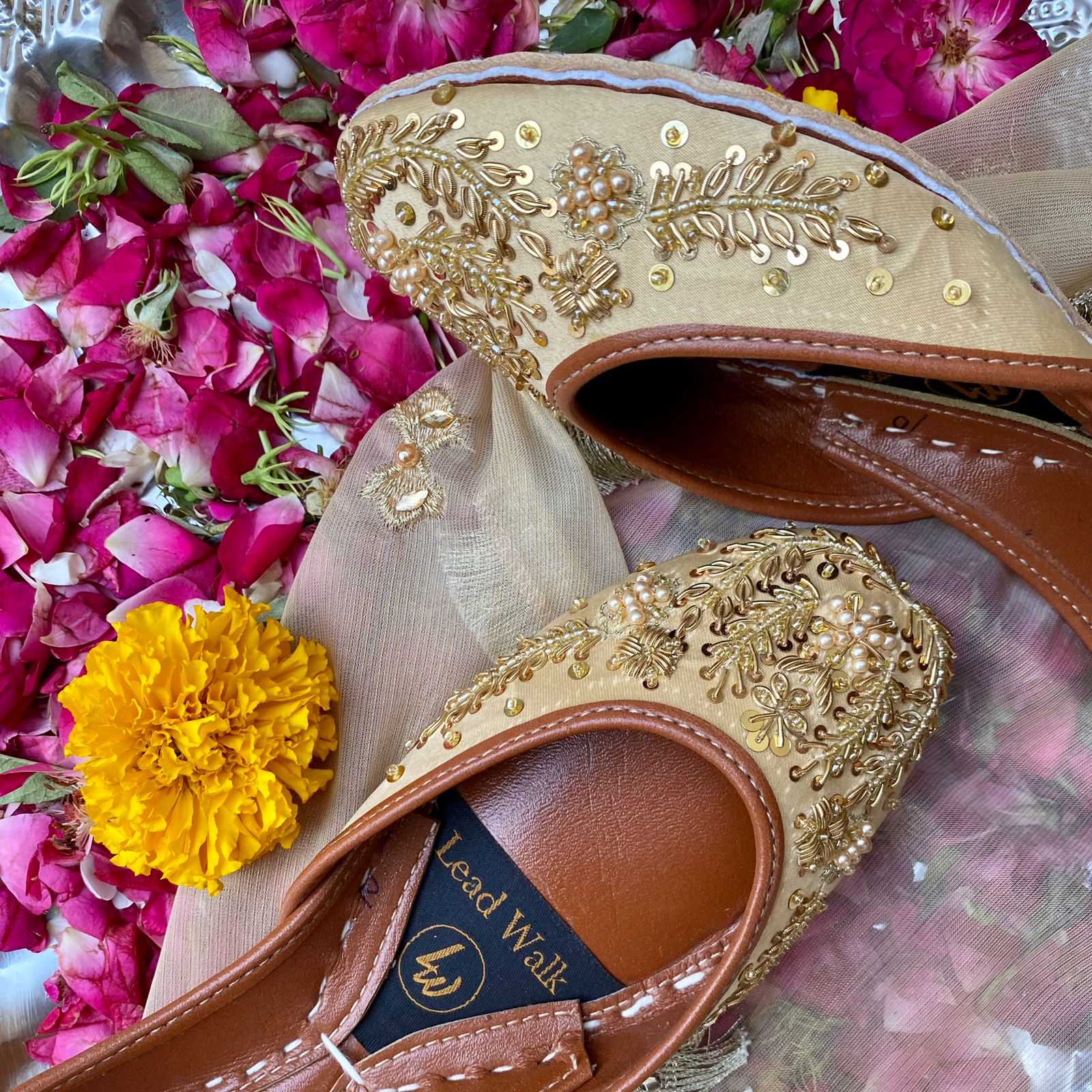 Mumtaz Juttis – Handcrafted Beige Banarsi Flats with Pearl & Sequin Embroidery