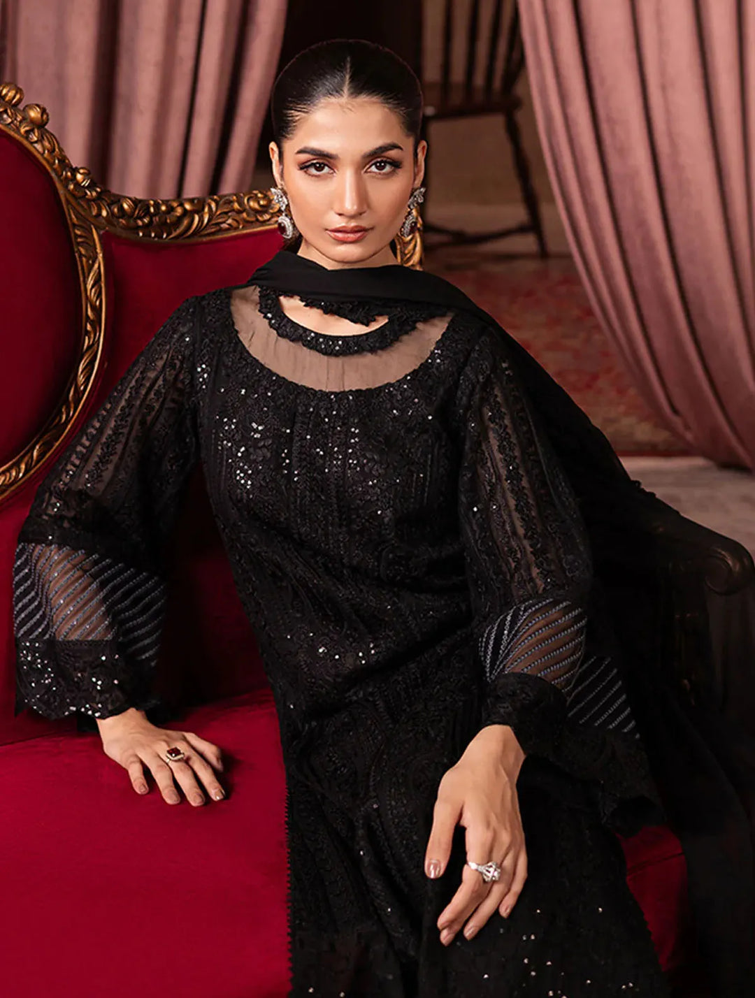 Azure Pret Embroidered Chiffon 3 Piece Suit Noir Mystique
