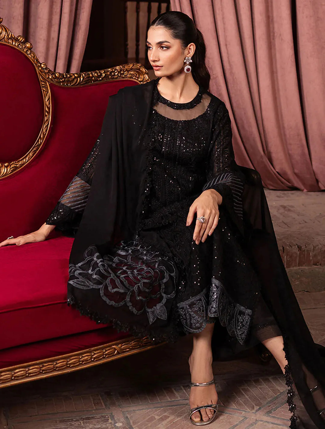 Azure Pret Embroidered Chiffon 3 Piece Suit Noir Mystique