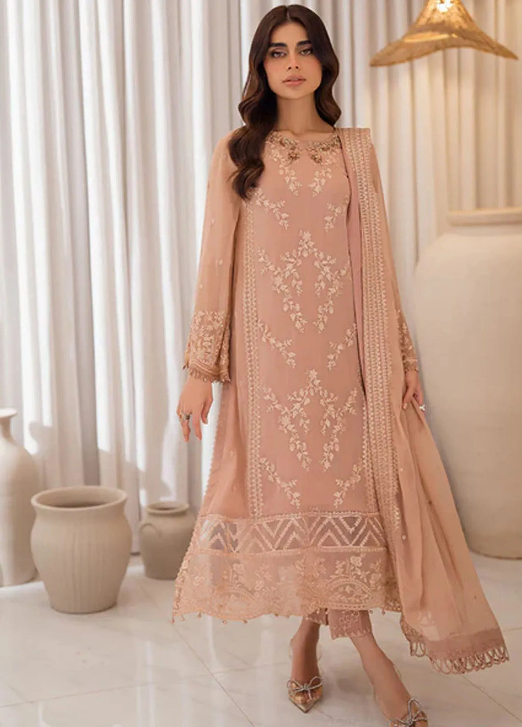 Azure Unstitiched Embroidered Chiffon 4 Piece Suit Beige Bliss