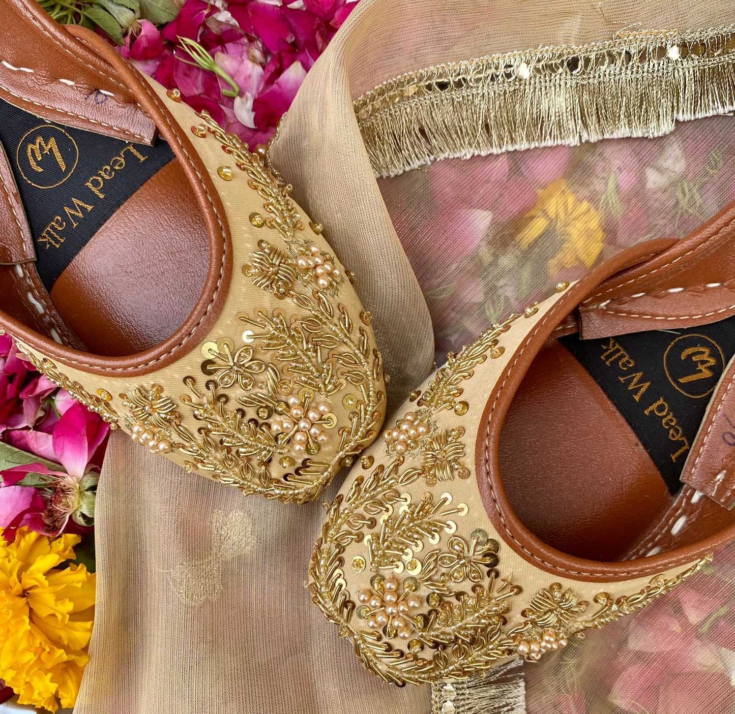 Mumtaz Juttis – Handcrafted Beige Banarsi Flats with Pearl & Sequin Embroidery