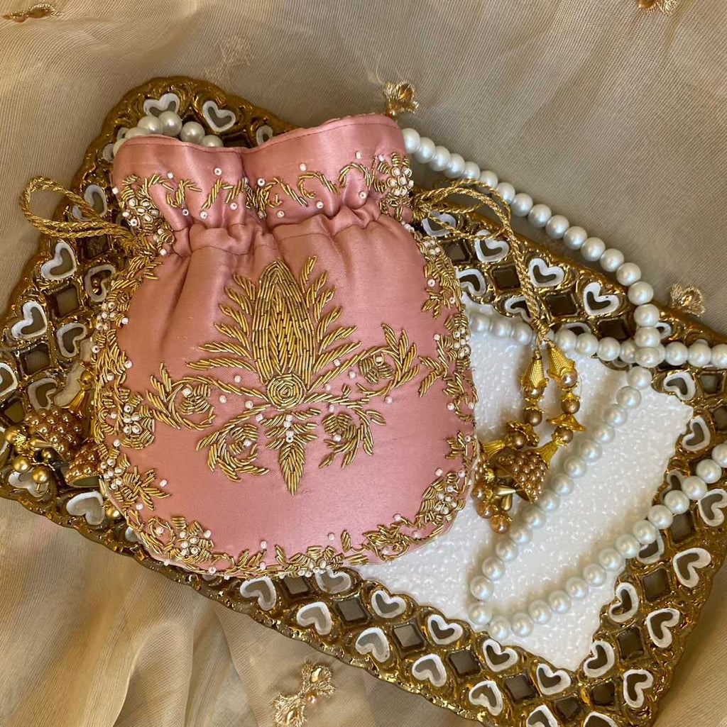 Raani Batwa – Handcrafted Silk Potli with Zardozi & Kora Embroidery