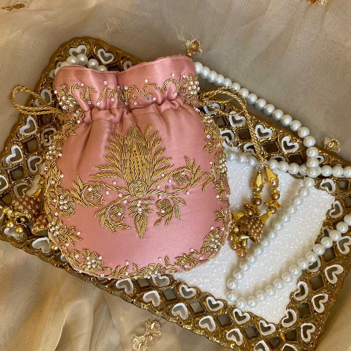 Raani Batwa – Handcrafted Silk Potli with Zardozi & Kora Embroidery