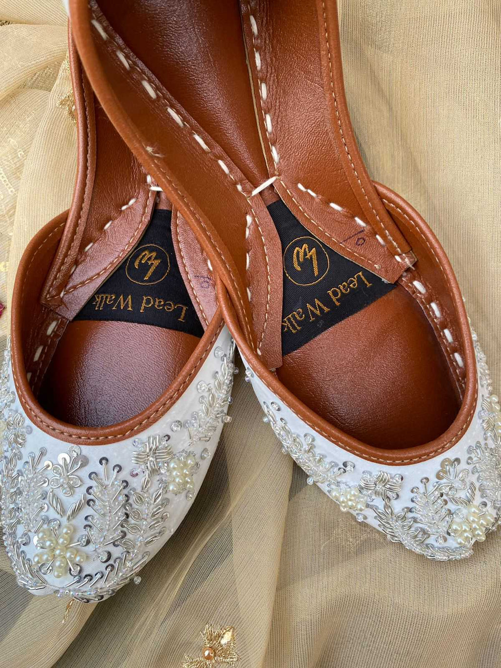 Mumtaz Juttis – Handcrafted Beige Banarsi Flats with Pearl & Sequin Embroidery