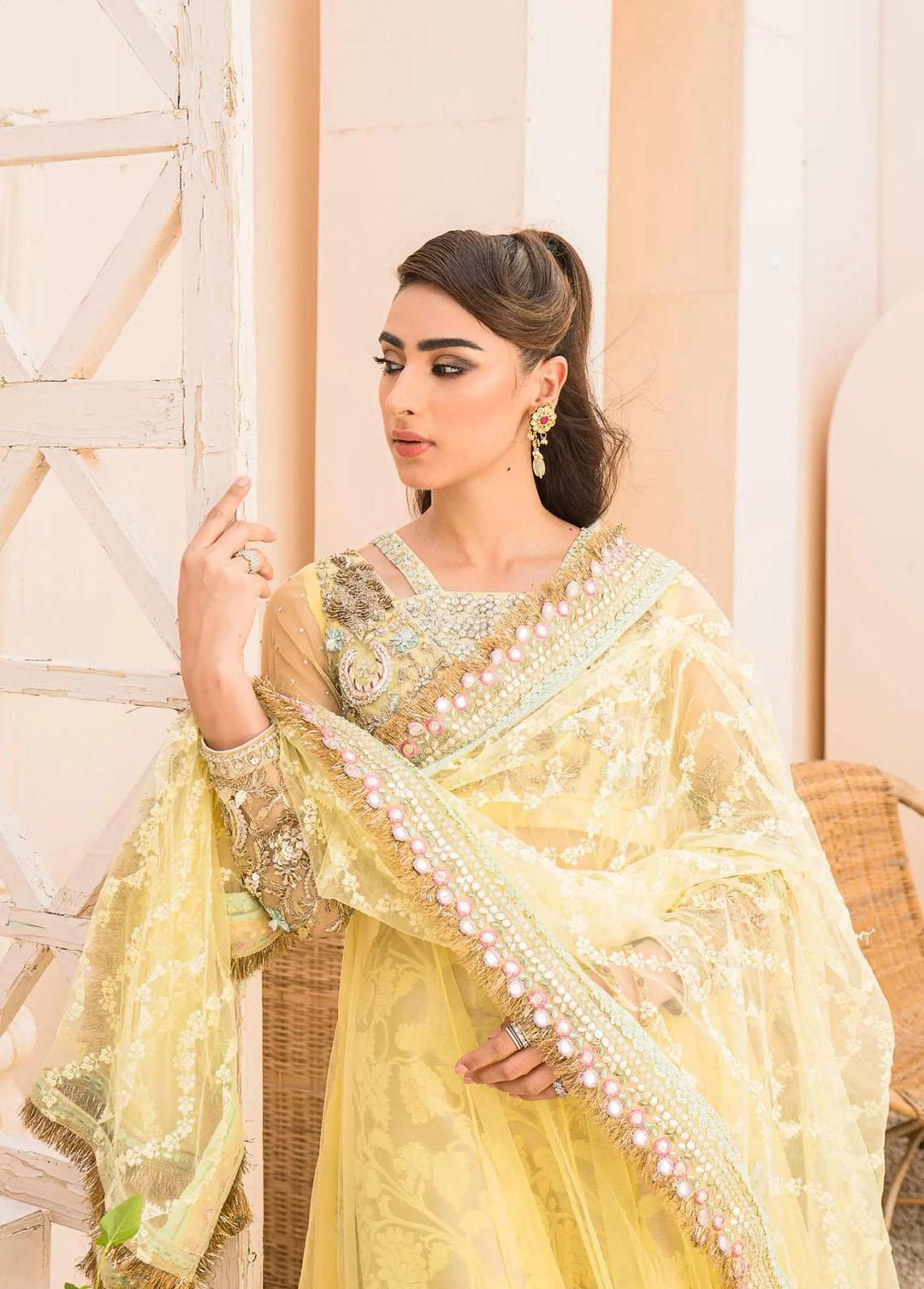 Hues Atelier Pret Embroidered Net 3 Piece Suit HA23LF Hennah